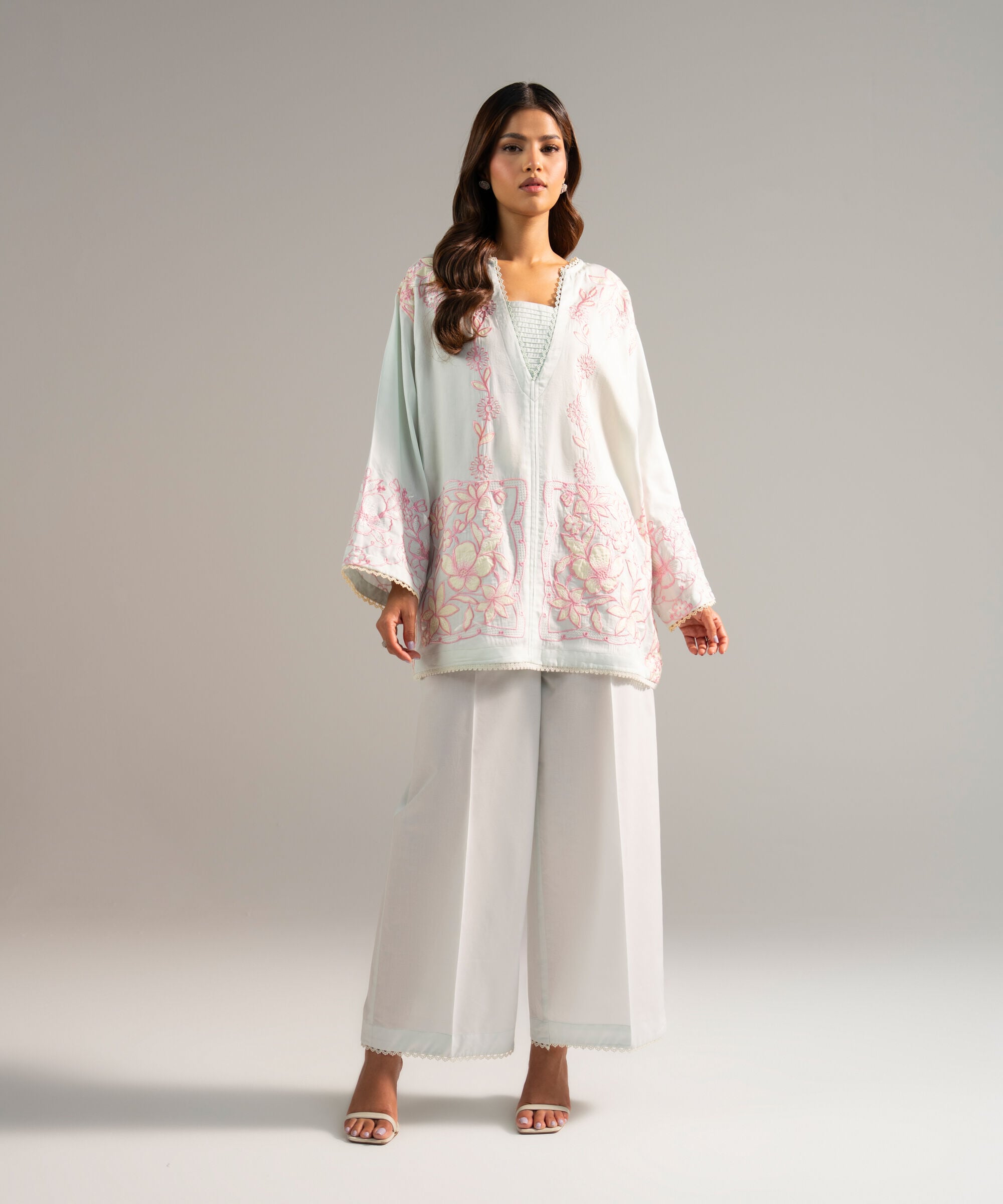 2 Piece - Embroidered Cotton Satin Suit