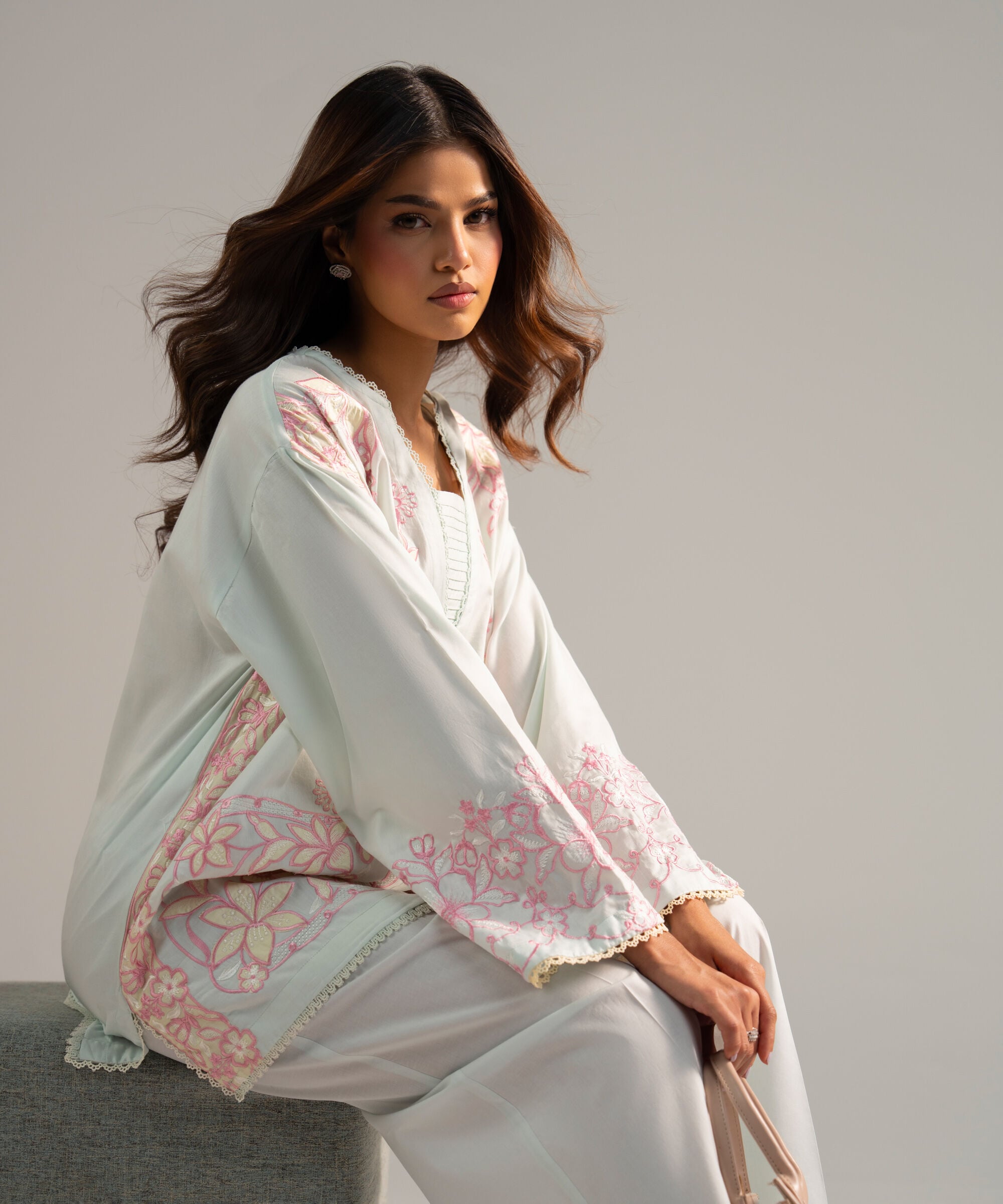 2 Piece - Embroidered Cotton Satin Suit