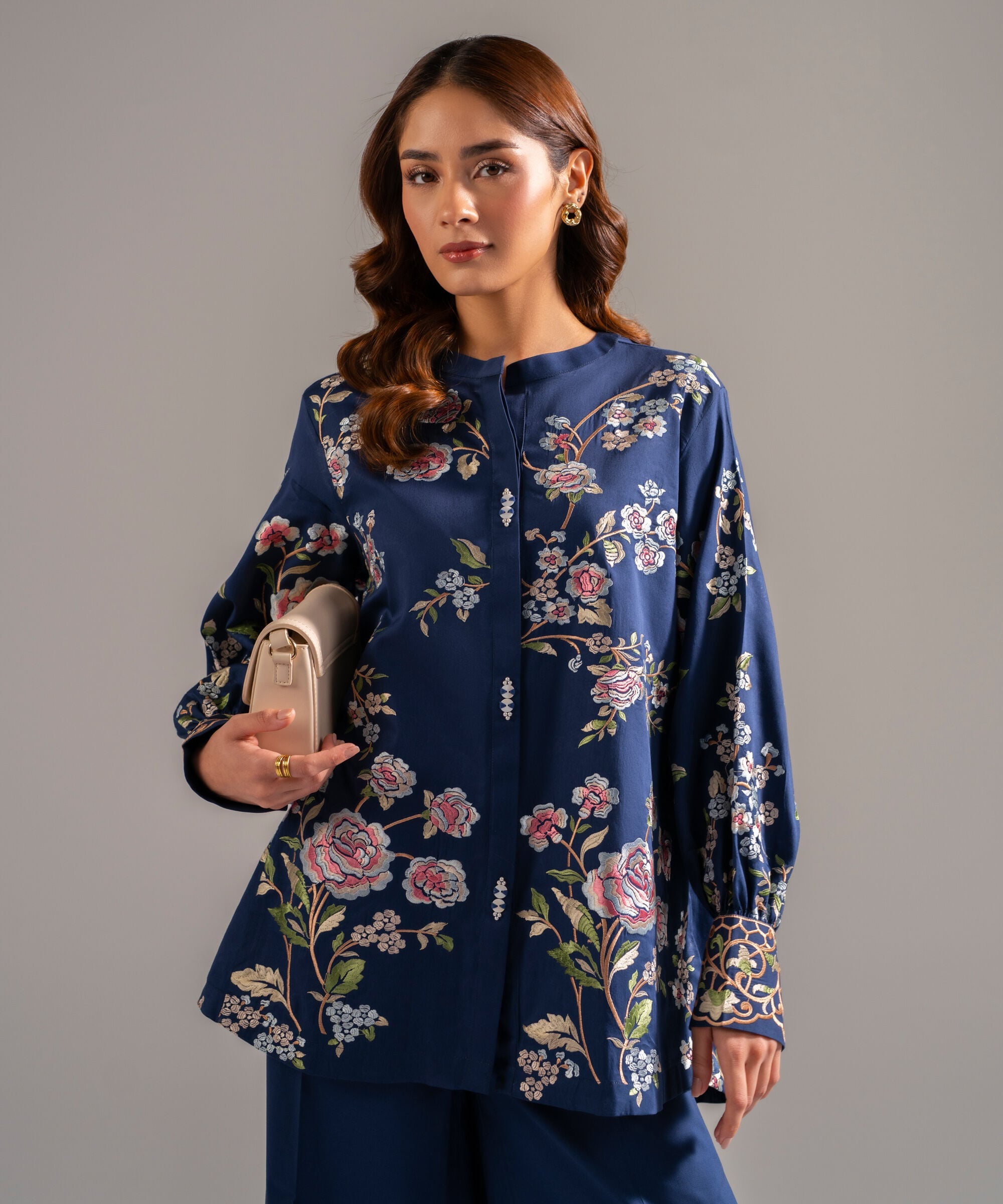 Women's RTW Cotton Satin Embroidered Dark Blue 2 Piece Suit
