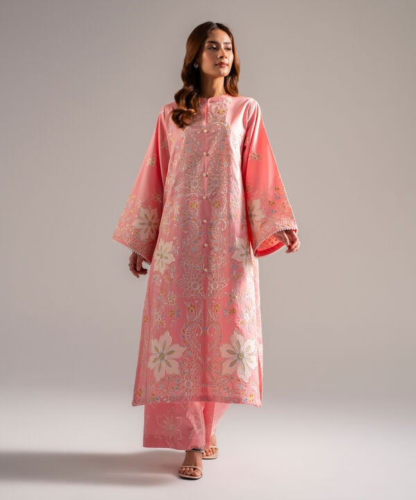 2 Piece - Embroidered Cotton Satin Suit