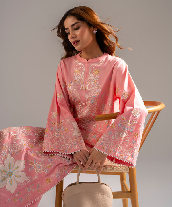 2 Piece - Embroidered Cotton Satin Suit