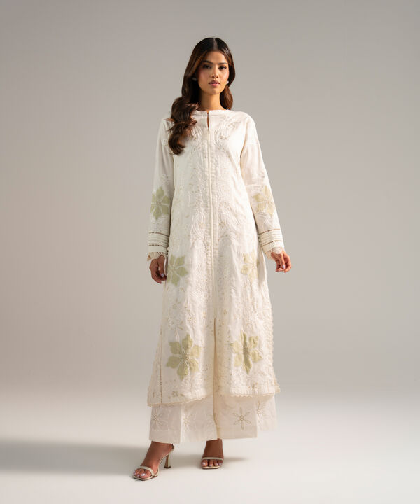 2 Piece - Embroidered Cotton Satin Suit