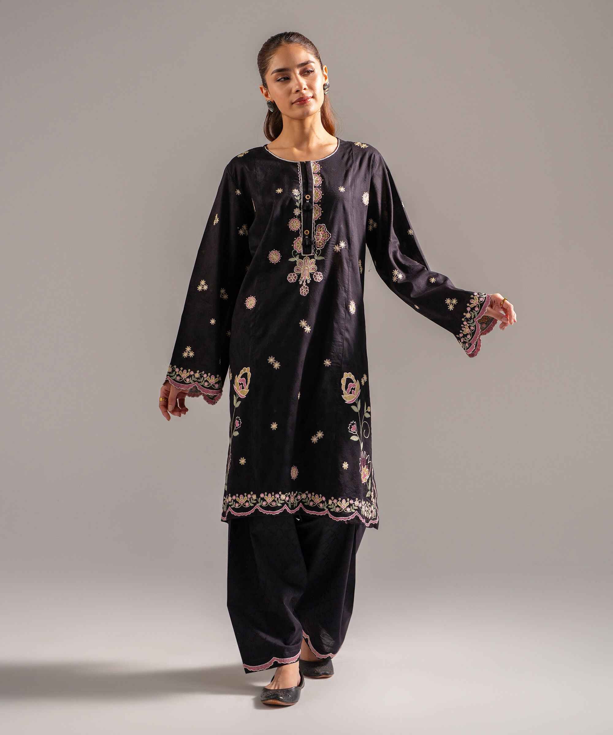 Women's RTW Self Jacquard Embroidered Black 2 Piece Suit