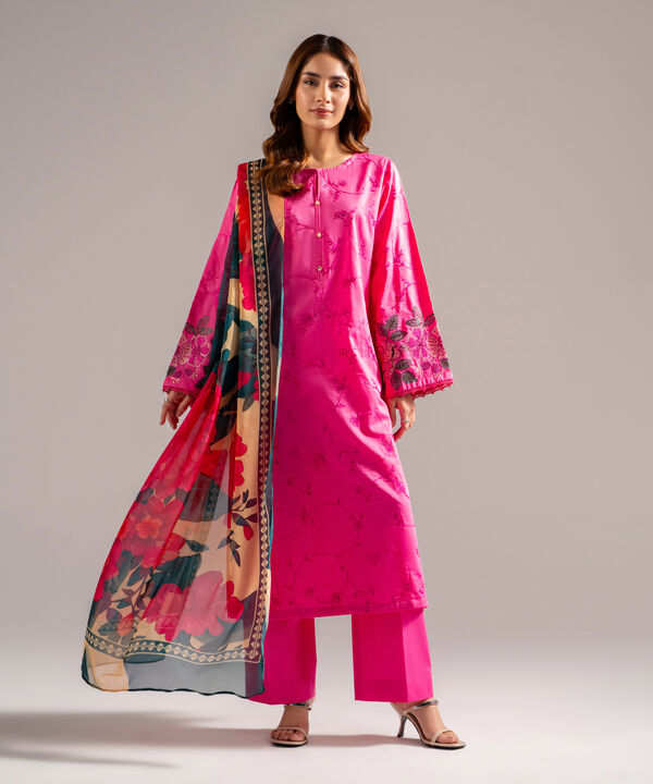 3 Piece - Embroidered Cotton Satin Suit