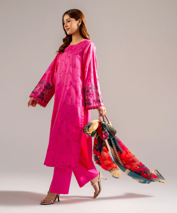3 Piece - Embroidered Cotton Satin Suit