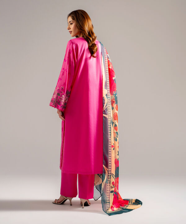 3 Piece - Embroidered Cotton Satin Suit