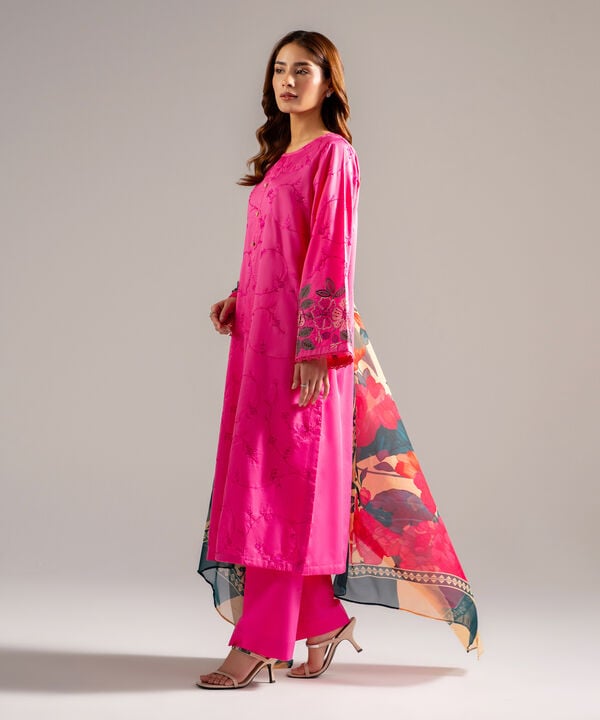 3 Piece - Embroidered Cotton Satin Suit