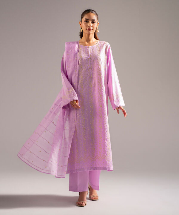 3 Piece - Embroidered Cotton Satin Suit