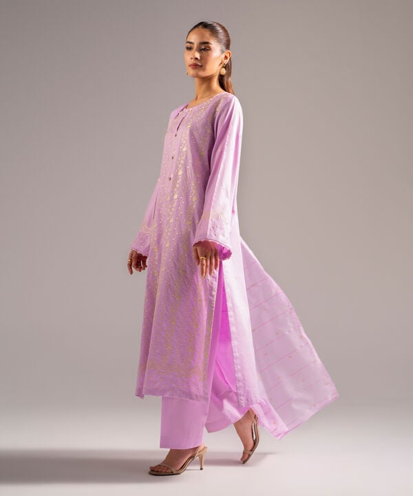 3 Piece - Embroidered Cotton Satin Suit