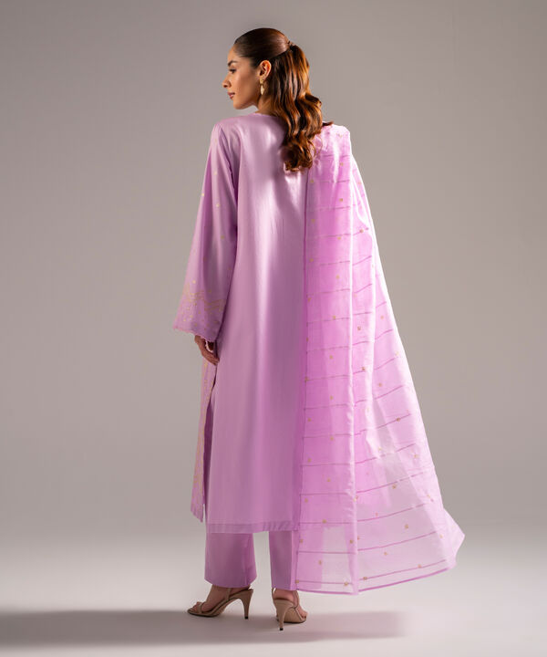 3 Piece - Embroidered Cotton Satin Suit