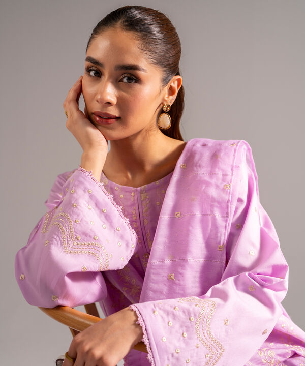 3 Piece - Embroidered Cotton Satin Suit