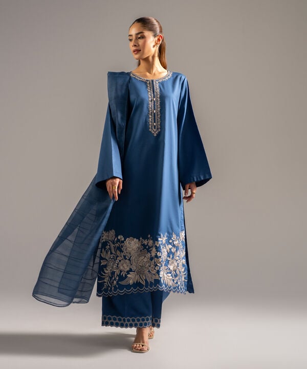 3 Piece - Embroidered Cotton Satin Suit