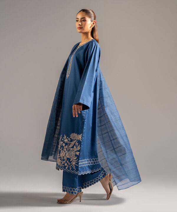 3 Piece - Embroidered Cotton Satin Suit