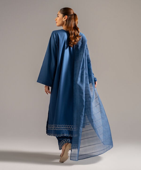 3 Piece - Embroidered Cotton Satin Suit