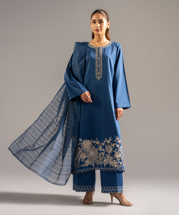 3 Piece - Embroidered Cotton Satin Suit