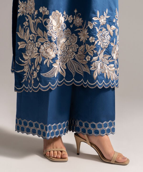3 Piece - Embroidered Cotton Satin Suit