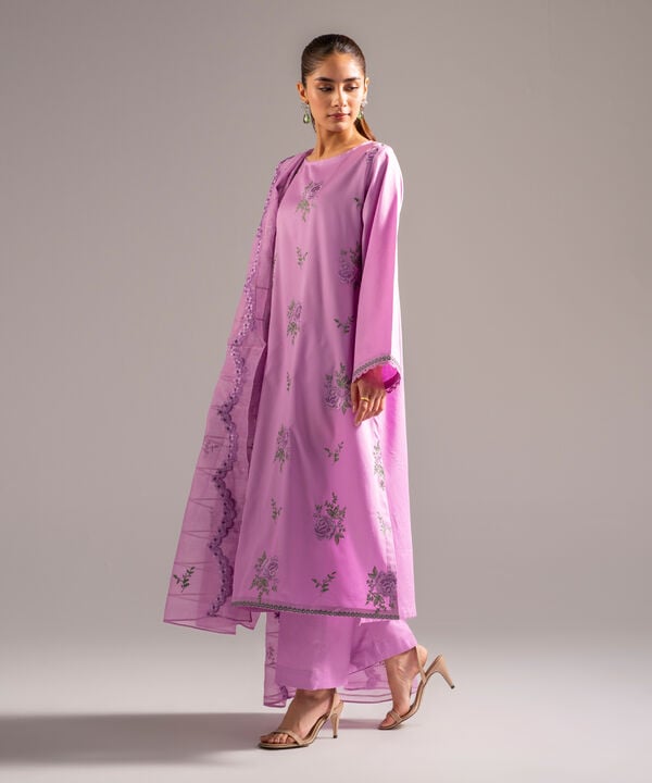 3 Piece - Embroidered Cotton Satin Suit