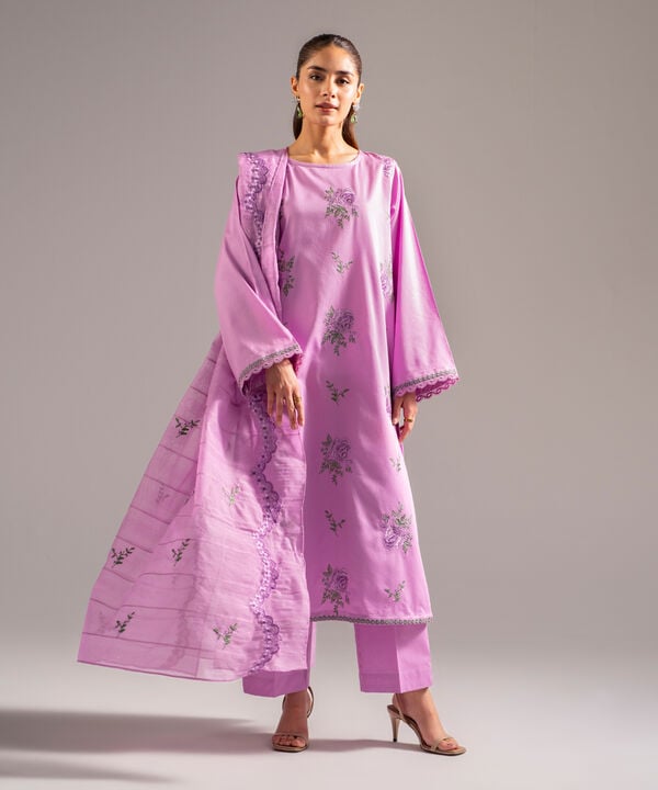 3 Piece - Embroidered Cotton Satin Suit