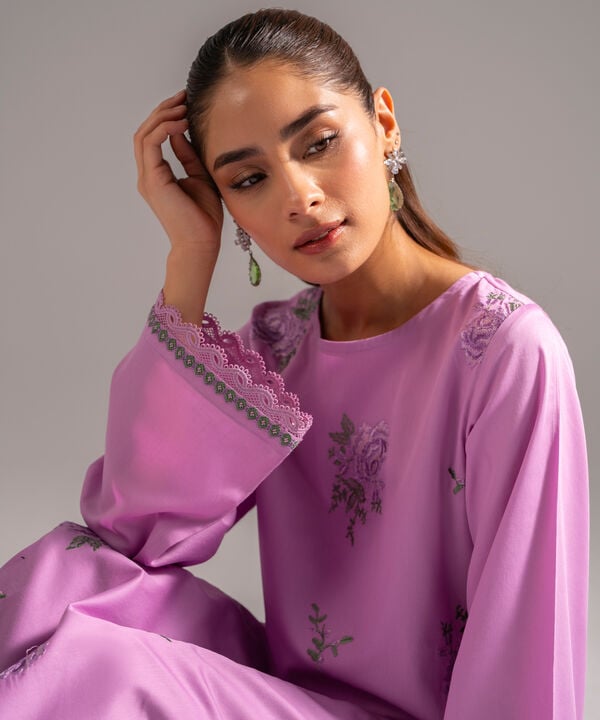 3 Piece - Embroidered Cotton Satin Suit