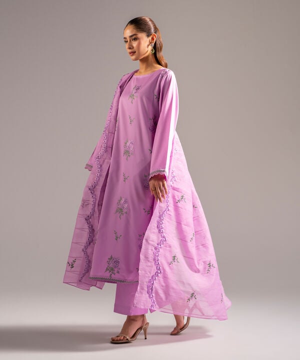 3 Piece - Embroidered Cotton Satin Suit