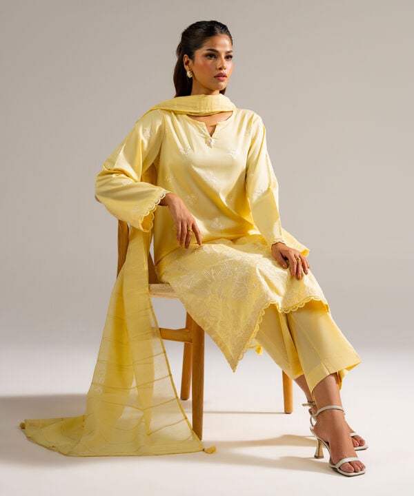 3 Piece - Embroidered Cotton Satin Suit