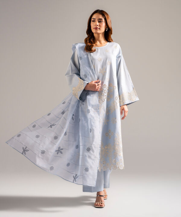 3 Piece - Embroidered Cotton Satin Suit