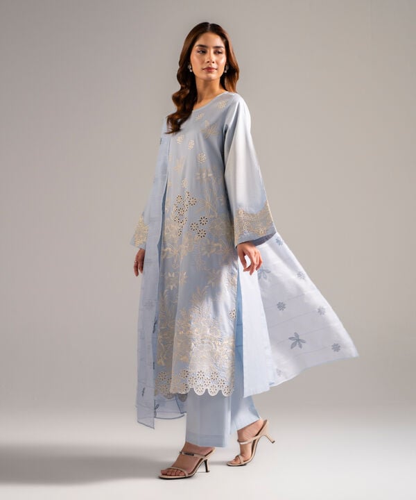3 Piece - Embroidered Cotton Satin Suit