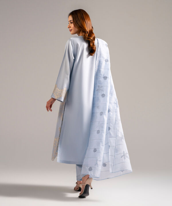 3 Piece - Embroidered Cotton Satin Suit
