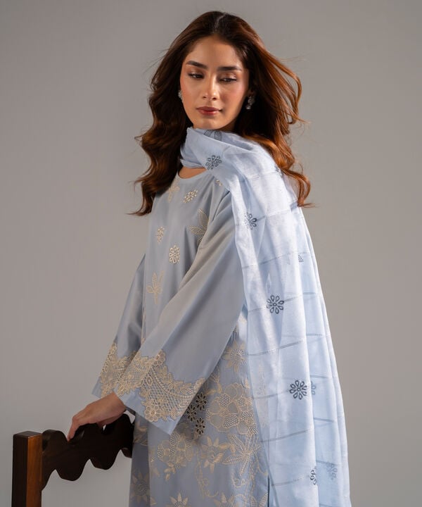 3 Piece - Embroidered Cotton Satin Suit