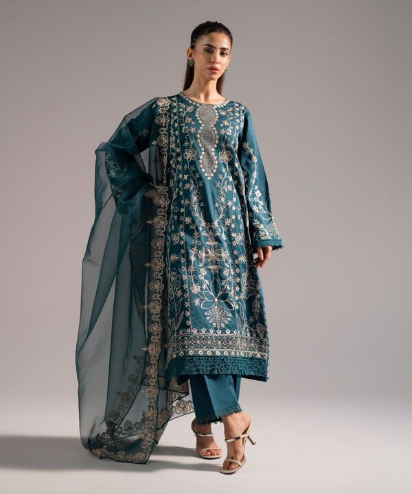 3 Piece - Embroidered Cotton Satin Suit