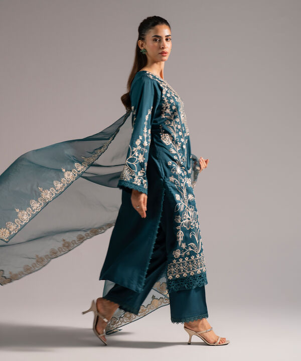 3 Piece - Embroidered Cotton Satin Suit
