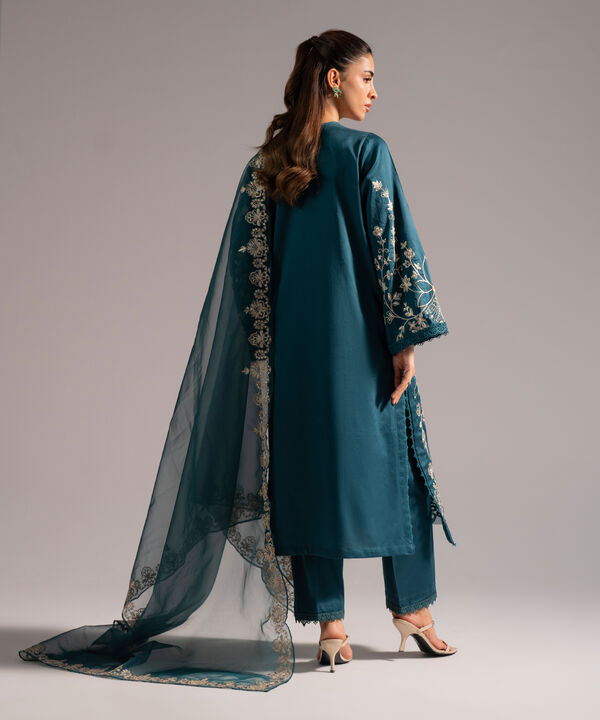 3 Piece - Embroidered Cotton Satin Suit