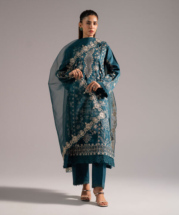 3 Piece - Embroidered Cotton Satin Suit