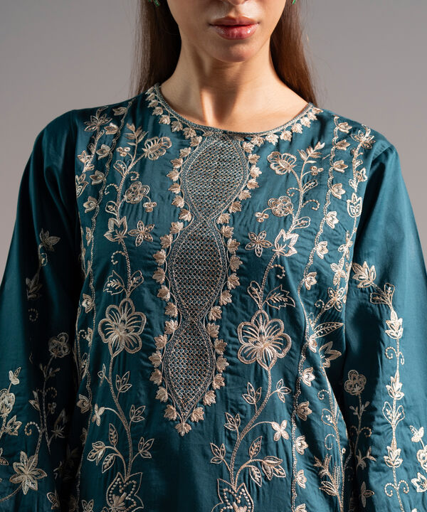 3 Piece - Embroidered Cotton Satin Suit