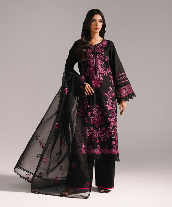 3 Piece - Embroidered Cotton Satin Suit