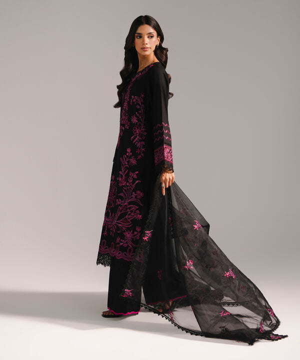 3 Piece - Embroidered Cotton Satin Suit