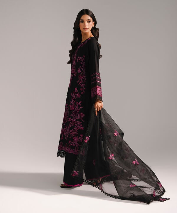 3 Piece - Embroidered Cotton Satin Suit