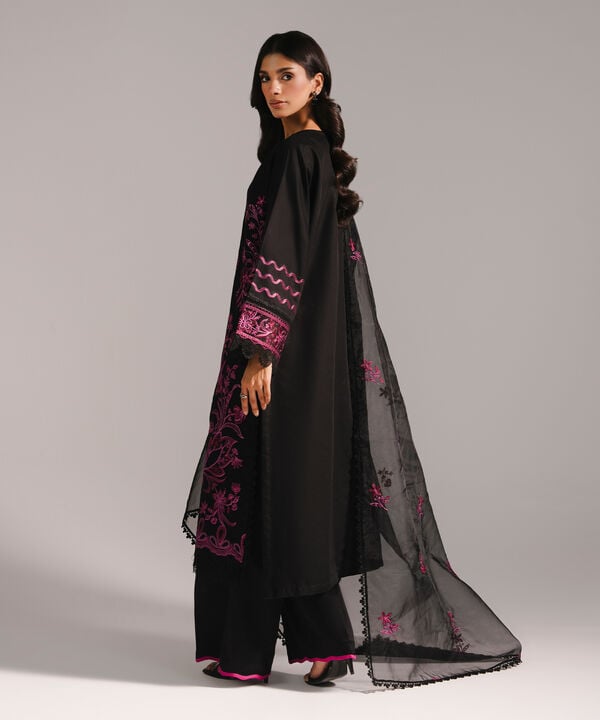 3 Piece - Embroidered Cotton Satin Suit