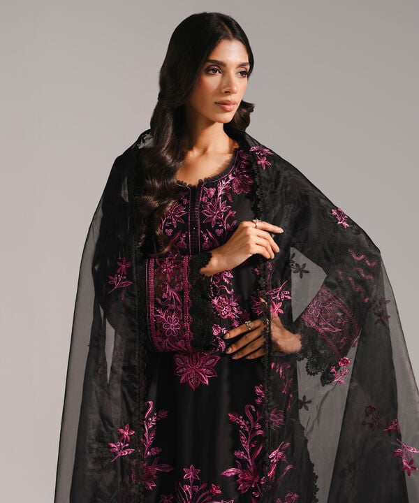 3 Piece - Embroidered Cotton Satin Suit