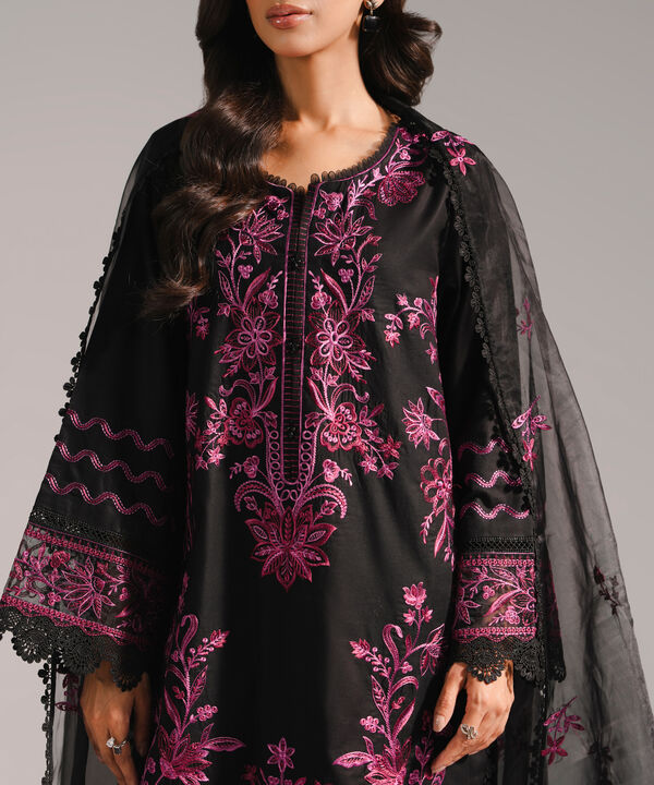 3 Piece - Embroidered Cotton Satin Suit