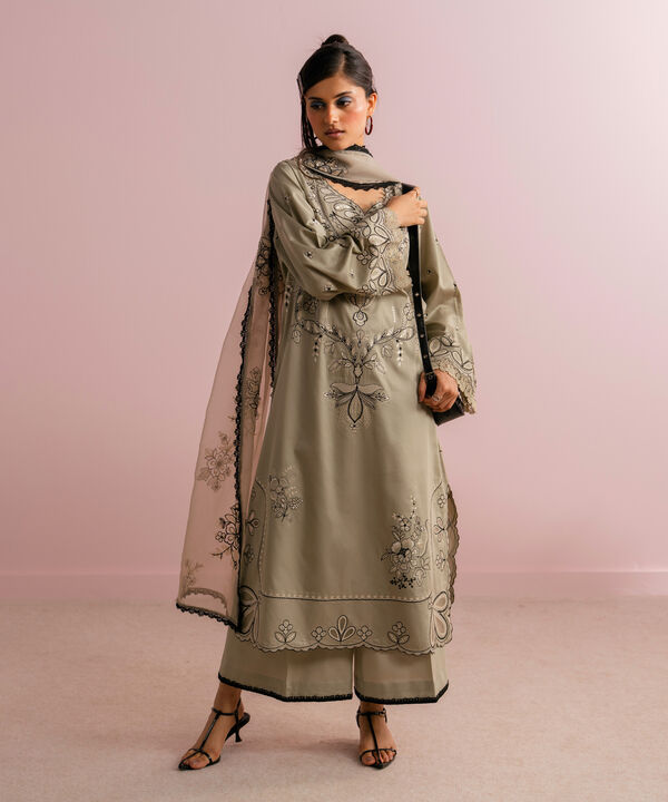 3 Piece - Embroidered Cotton Satin Suit