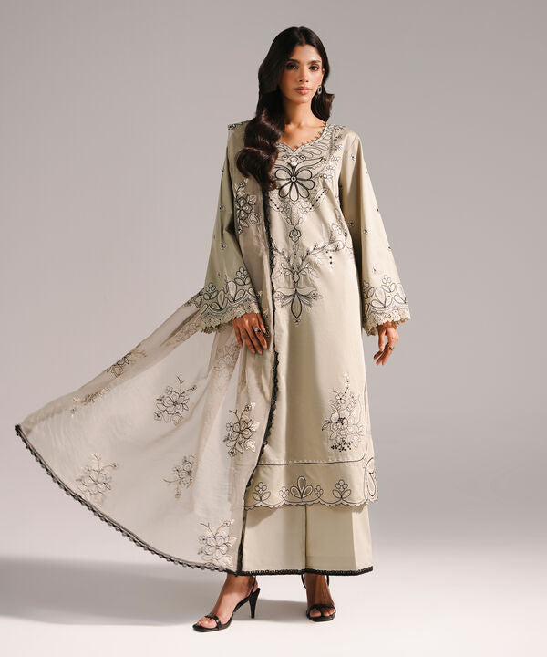 3 Piece - Embroidered Cotton Satin Suit