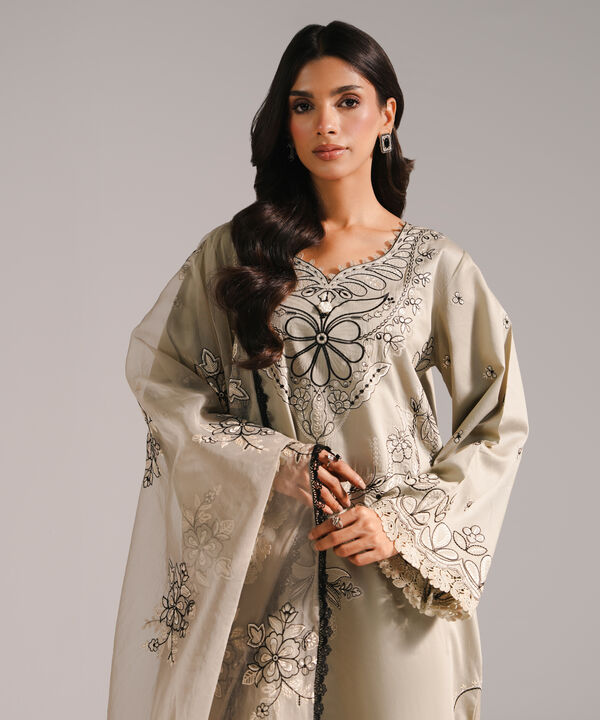 3 Piece - Embroidered Cotton Satin Suit