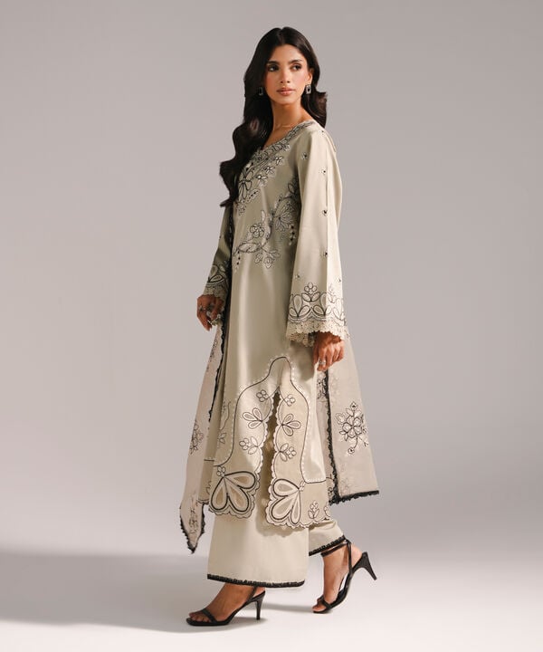 3 Piece - Embroidered Cotton Satin Suit