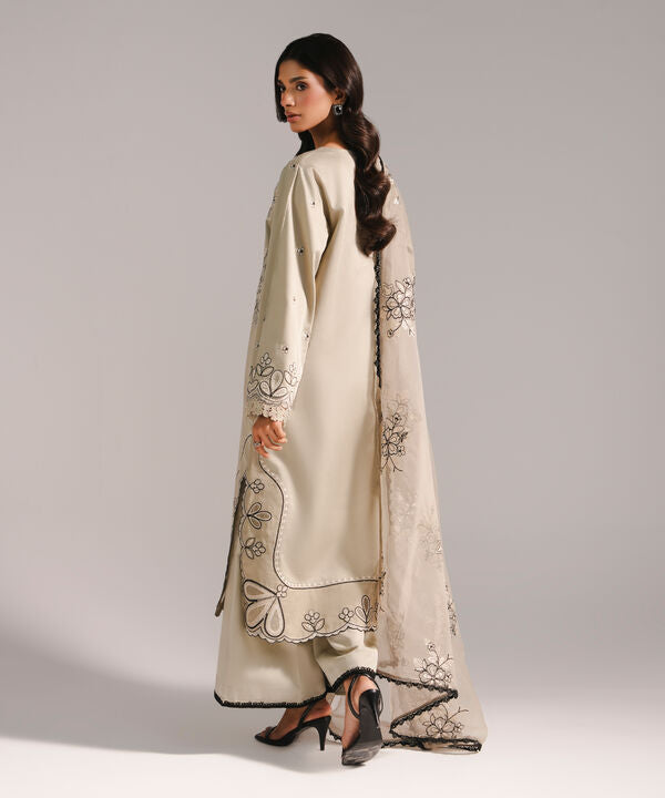 3 Piece - Embroidered Cotton Satin Suit
