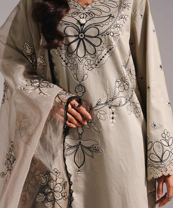 3 Piece - Embroidered Cotton Satin Suit