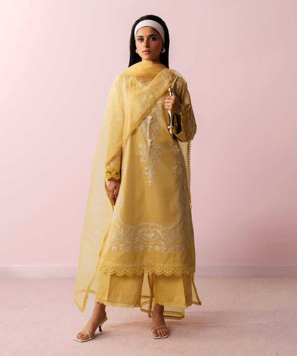 3 Piece - Embroidered Cotton Satin Suit