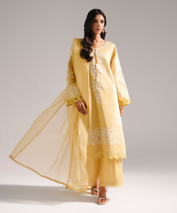 3 Piece - Embroidered Cotton Satin Suit