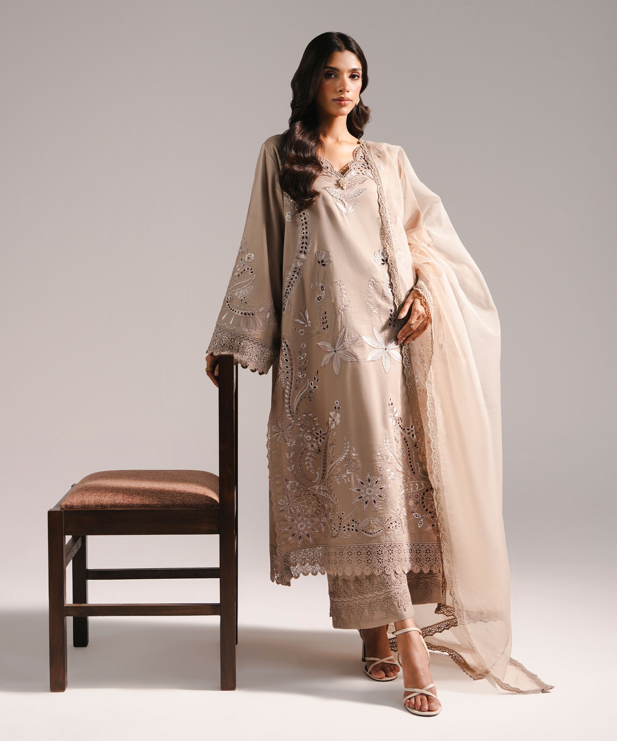 Women's RTW Cotton Satin Embroidered Grey 3 Piece Suit