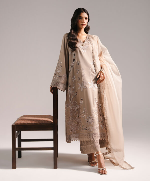 3 Piece - Embroidered Cotton Satin Suit